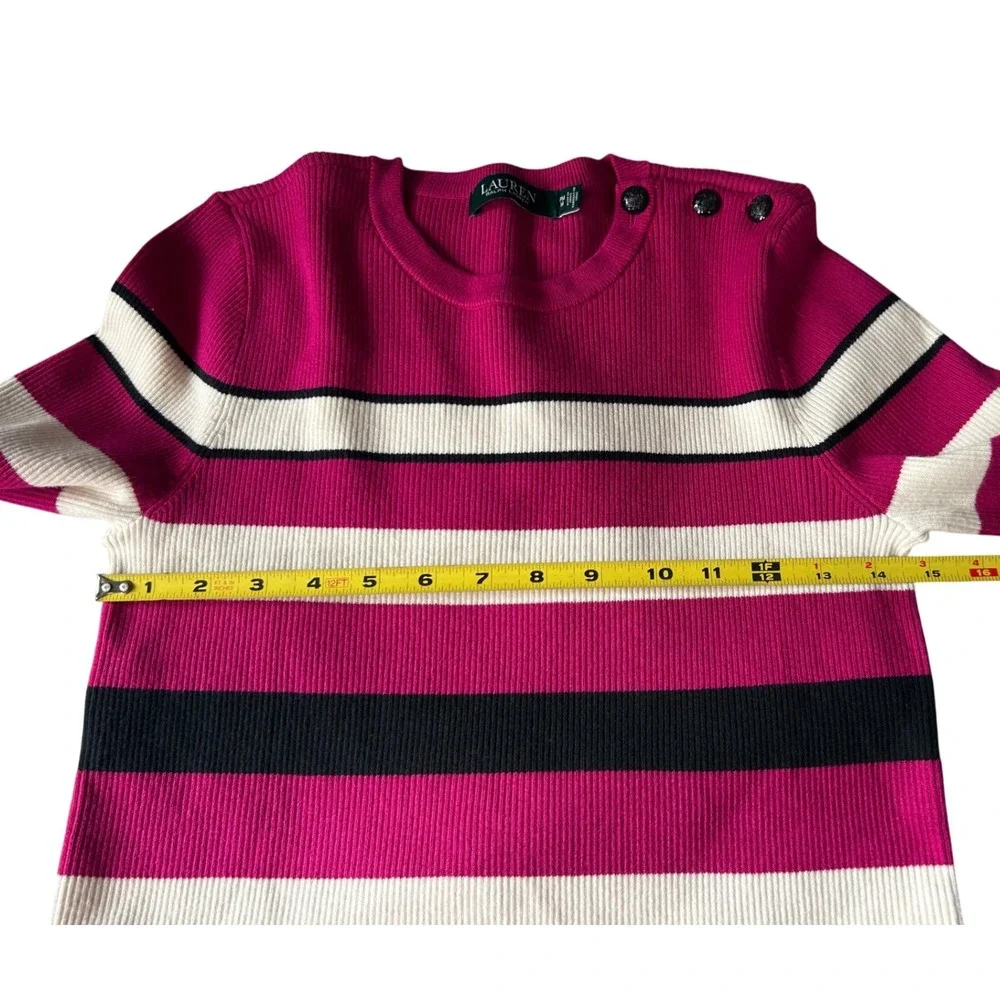 Lauren Ralph Lauren Pink White Black Stripe Ribbed Sweater Buttons‎ Women's M